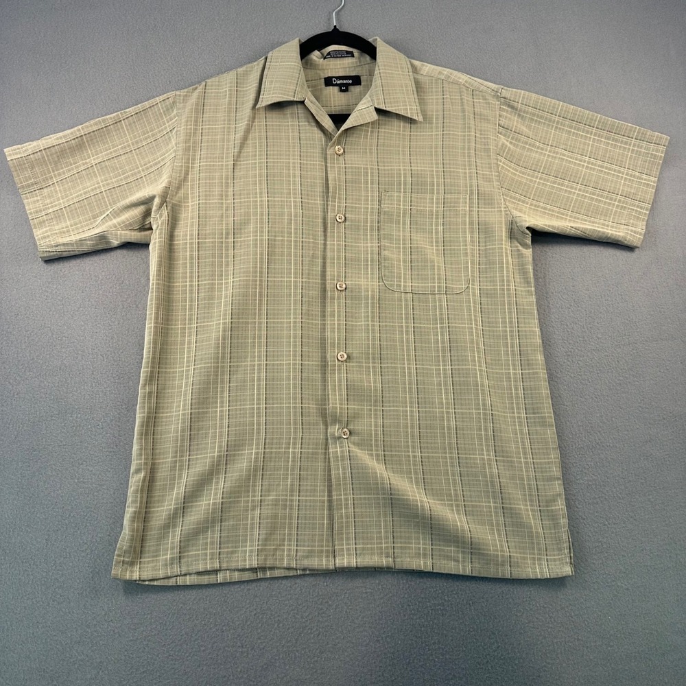 Damante Mens Short Sleeve Button Down Shirt Plaid Olive Green Tan Size Medium